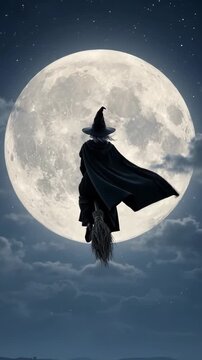 Witch in black cloak flying on broomstick against massive full moon over foggy rural landscape