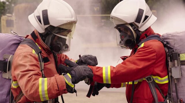 Firefighters checking safety equipment together before operation