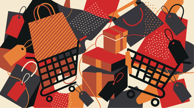 Shopping vector illustration featuring colorful retail bags, gift boxes, carts, and discount sale tags
