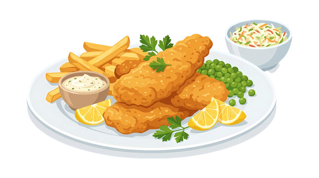 Fresh fish and chips served on white plate with lemon and sauce and coleslaw.