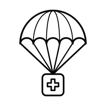 Medical parachute delivery line icon vector for emergency aid and humanitarian relief logistics