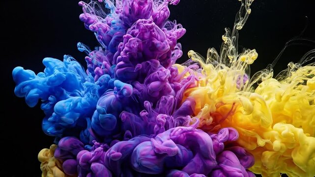 Vibrant blue, purple, and yellow ink explosion swirling in water on black background