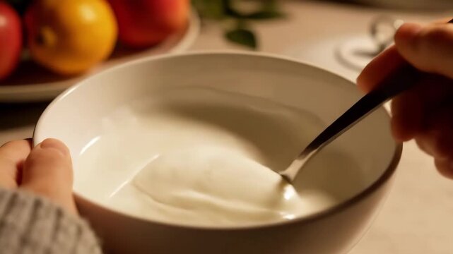 POV hands stir collagen powder into creamy bowl on table. Spoon mixes pale mixture while fruits blur in background, creating warm home kitchen moment with careful, focused preparation.