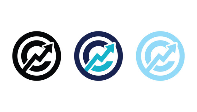 Set of three circular logos with a letter c and an upward pointing growth arrow