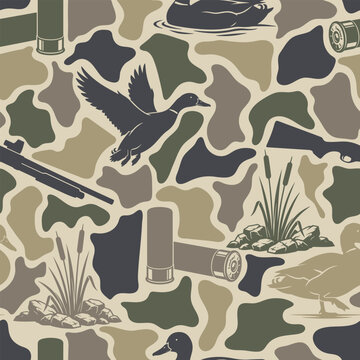 Vector seamless pattern of vintage waterfowl duck hunting camouflage with flying mallards, shotgun shells, and cattail silhouettes