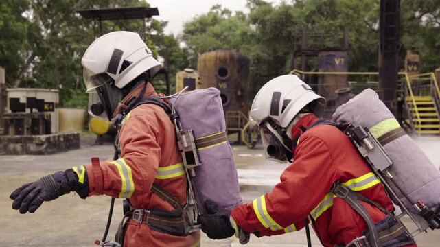 Firefighters checking safety equipment together before operation
