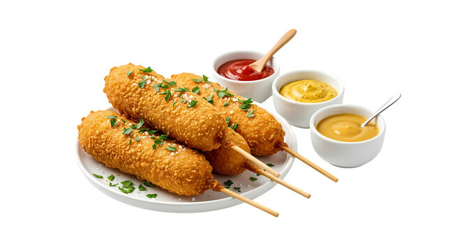 Golden corn dogs on white plate with ketchup and mustard dipping sauces and parsley.