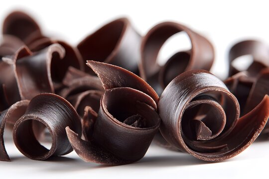 pile of chocolate curls closeup showing curled shavings and glossy texture