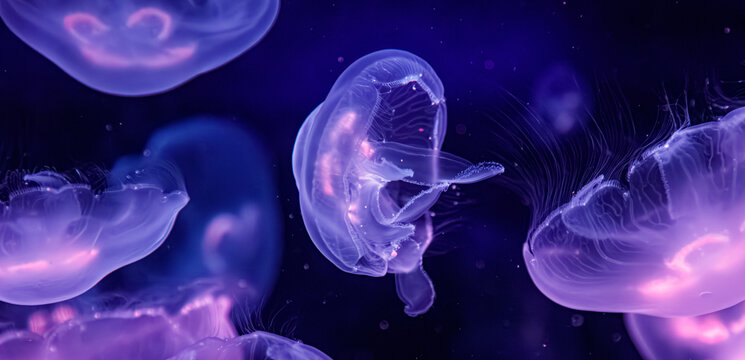 Abstract ultraviolet neon glowing background featuring translucent jellyfish pattern