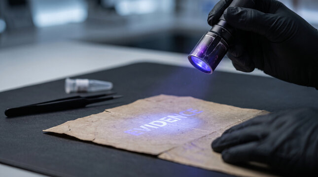 Forensic investigator using ultraviolet flashlight to examine evidence document with invisible markings in laboratory