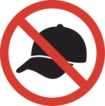 No Hats Allowed Warning Sign with Baseball Cap Silhouette inside Red Prohibited Circle for Rules and Safety Vector Graphic Design