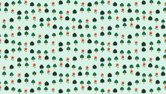 Pattern of stylized trees and flowers