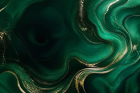 Luxury emerald green marble texture with liquid fluid swirls and gold glitter veins