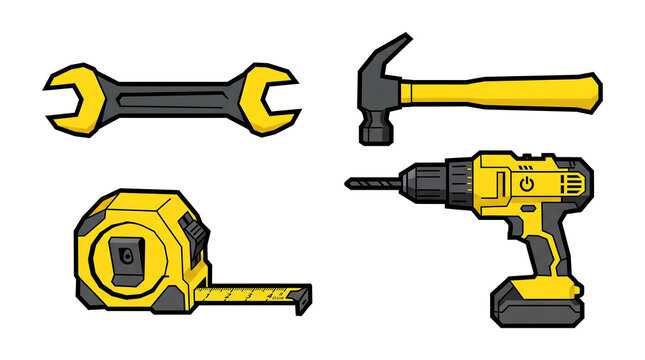 Construction tool set vector illustration including spanner, hammer, measuring tape, and cordless drill isolated on white background