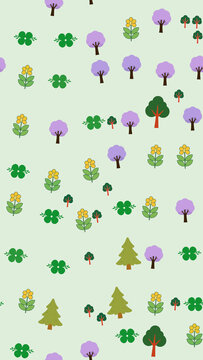 Seamless pattern of cartoon trees and flowers
