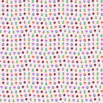 Seamless pattern of colorful stylized flowers and trees