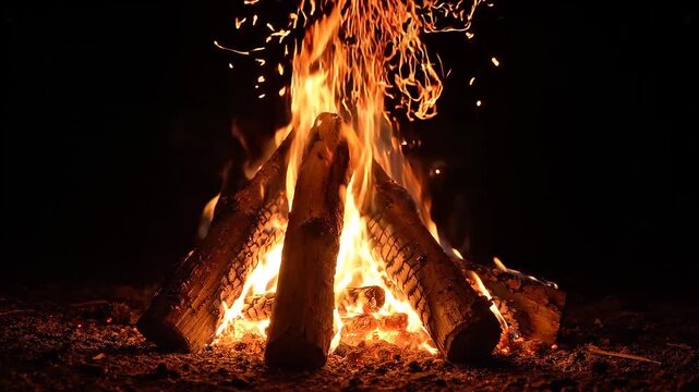 Vibrant campfire burning at night with flying sparks and glowing embers close-up
