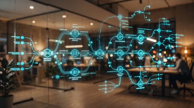 Digital Network Flowchart with Data Processing in Office