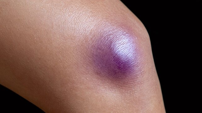 Human knee showing a visible purple bruise caused by injury, swelling, and trauma, highlighting the pain and contusion on the skin against a dark background