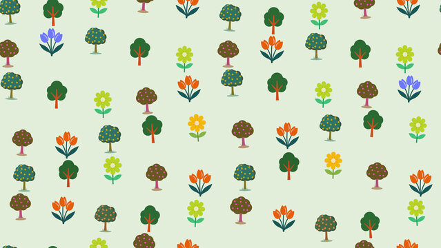 Stylized trees and flowers pattern