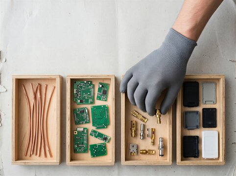 Sorting electronic components in wooden boxes on a workbench  
