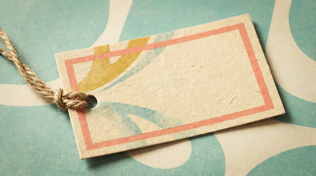 A vintagestyle paper tag with a pink border and twine string lies on a teal and cream patterned surface