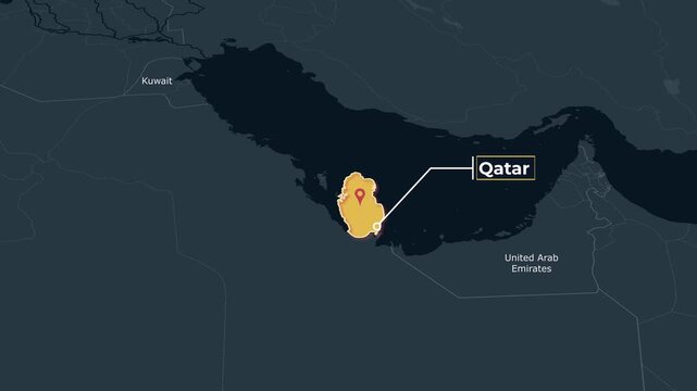 Qatar Middle East Map Locator Animation Dark Theme 4K, Clean dark theme animated locator map highlighting Qatar in the Middle East for geography, education, travel, documentary and geopolitical