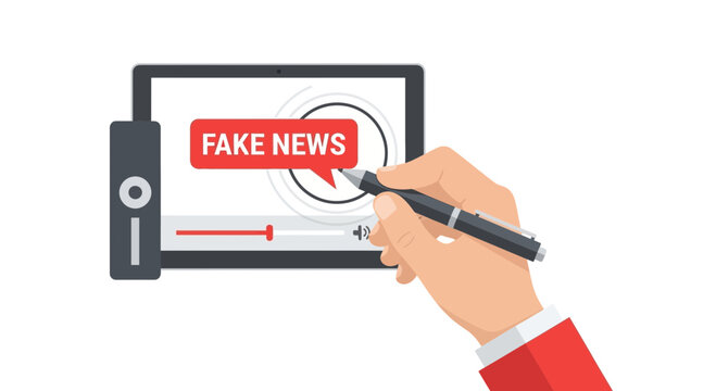 Fake News Concept Illustration: Hand Pointing to Misinformation on a Digital Tablet Screen for Social Media and Online Journalism