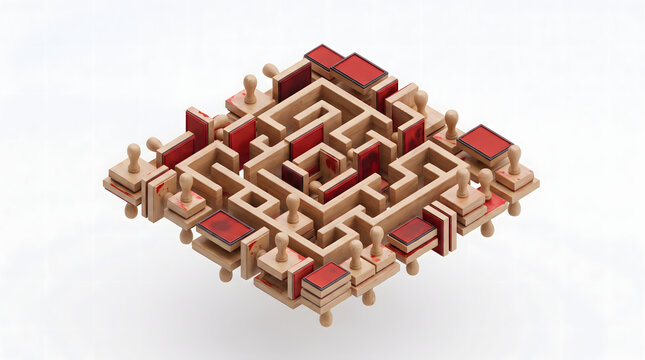 Minimalist concept of a complex maze built entirely out of stacked rubber stamps