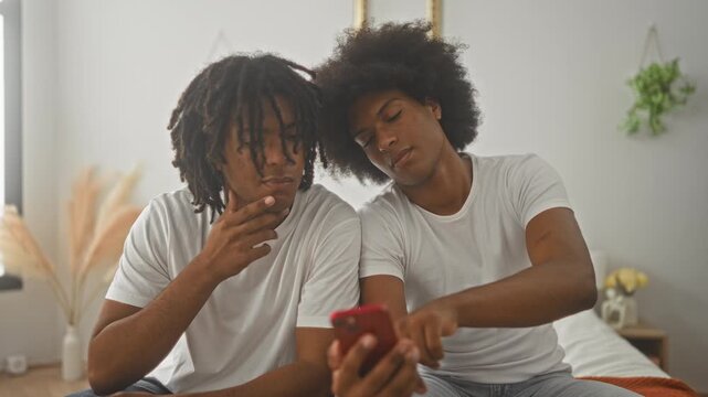 Two men on bed look at a red smartphone, one points finger to smartphone while the other rests hand on chin in a bedroom; curiosity friendship.
