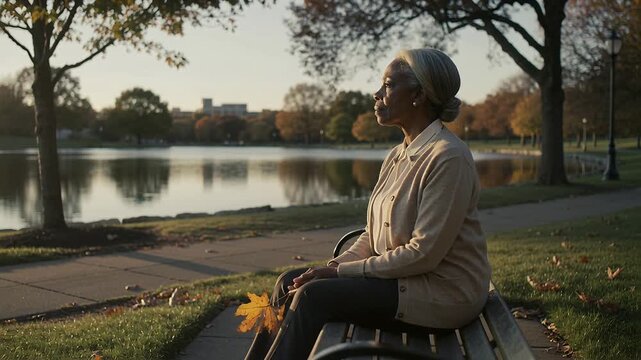 Sitting woman on bench wearing pale cardigan, watching lake as leaf drifting into lap, copy space