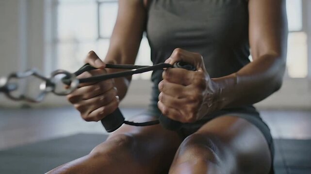 Gripping foam handles, woman wearing dark tank top and shorts rowing cable at studio, building back