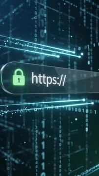 Cyber Security And Data Protection Concept With Glowing HTTPS Address Bar And Binary Code Streaming 
