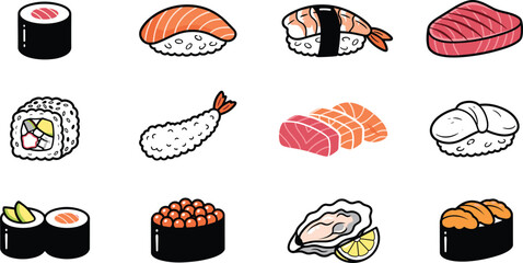 Japanese sushi and fresh sashimi vector illustration set featuring cute hand drawn icons of nigiri, maki rolls, salmon, tempura shrimp, oyster, and roe for restaurant menus © Remi