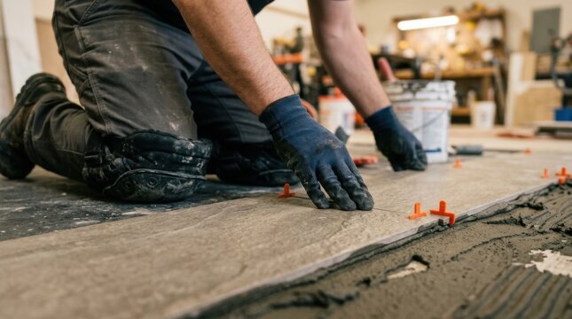 Certified installer setting a large porcelain floor plank into thinset mortar with tile spacers at the corners.