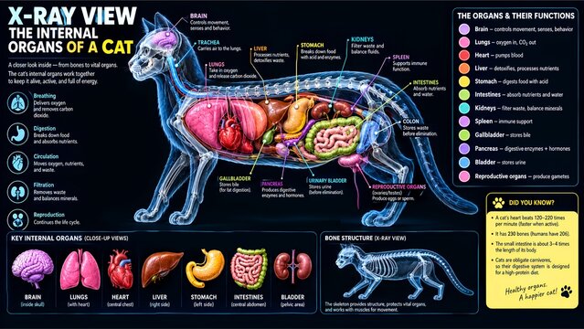 X-ray view of cat internal organs educational infographic diagram poster, detailed feline anatomy chart showing digestive respiratory cardiovascular system, veterinary medicine biological study