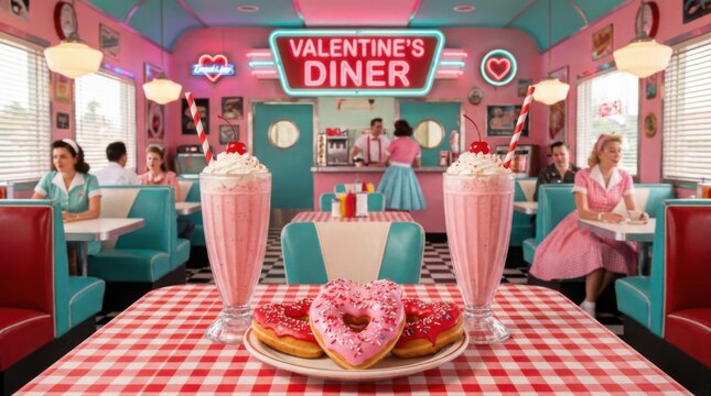 Retro 1950s Diner Table Set with Two Strawberry Milkshakes and Straws