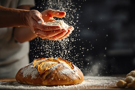 Baker hands dusting white flour over fresh baked sourdough bread loaf