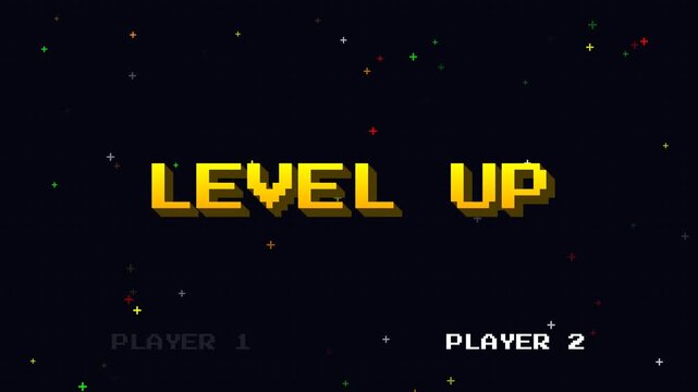 Pixel art video game screen featuring level up text and starfield background for retro gaming themes