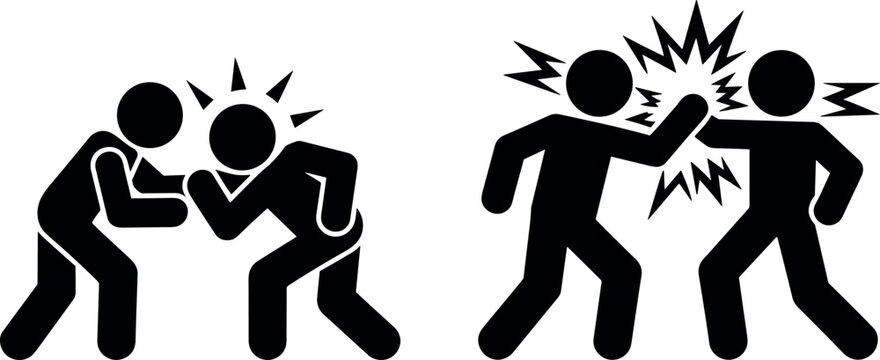 Two stick figures fighting headbutt hit punch action violence conflict stickman icon set vector illustration isolated