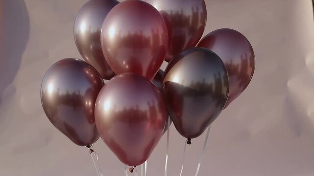 Rotating rose-gold dark-chrome balloons swaying from camera shake on beige backdrop, white strings