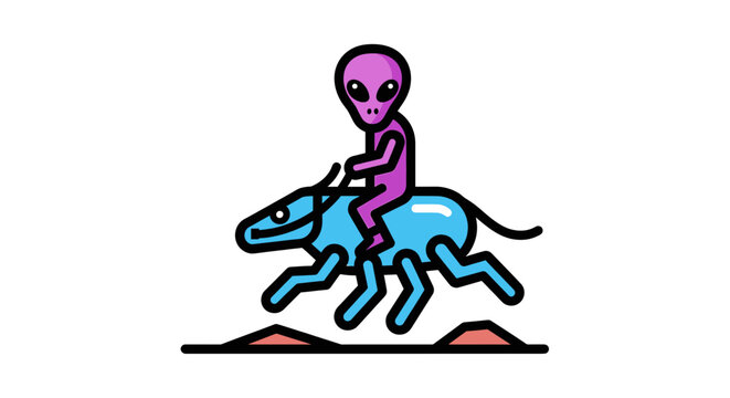 Purple alien riding a blue creature through space.