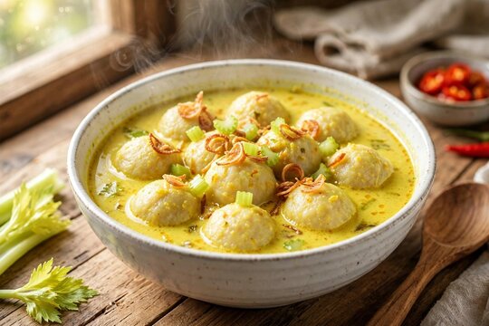 Traditional Celimpungan Palembang Fish Balls in Yellow Coconut Milk Soup on Wooden Table
Description: Authentic Celimpungan from Palembang, round pempek fish balls in thick yellow turmeric coc