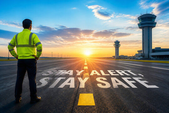 A man in a safety vest stands on an airport runway looking towards the setting sun with the message STAY ALERT, STAY SAFE painted on the asphalt.