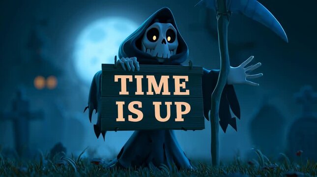 grim reaper holding Time Is Up sign in a spooky night scene illustrated animation