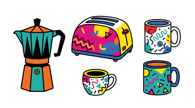 Retro Memphis style kitchenware set vector illustration with coffee pot, patterned mugs, and toaster