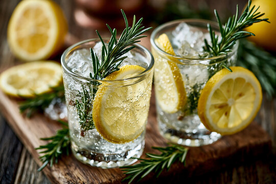 Two glasses of cold refreshing gin and tonic cocktail with lemon slices and rosemary