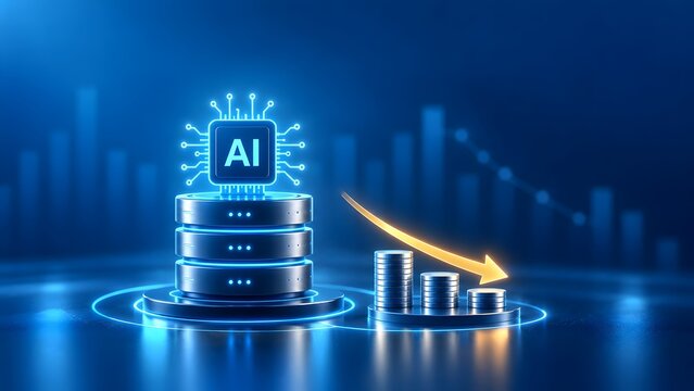 Artificial intelligence microchip on a database server with a downward arrow over coin stacks symbolizing automated cost reduction and savings