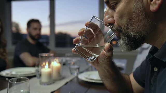 Raising middle-aged man in dark polo lifting clear glass at dinner, quenching thirst, copy space