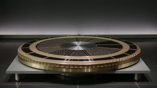 Rotating ornate metal disk slowly turning on gallery stand after motor starting, showing soft light